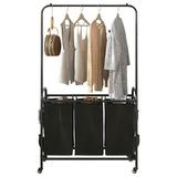 Fresh Fab Finds 3 Bags Laundry Sorter With Garment Hanging Bar Laundry Hamper Rolling Cart Laundry Basket Organizer With Lockable Wheels 3 Removable Bags - Black