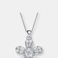 Genevive Sterling Silver With Rhodium Plated Baguette Cubic Zirconia Flower Style Pendant Necklace - White - 18