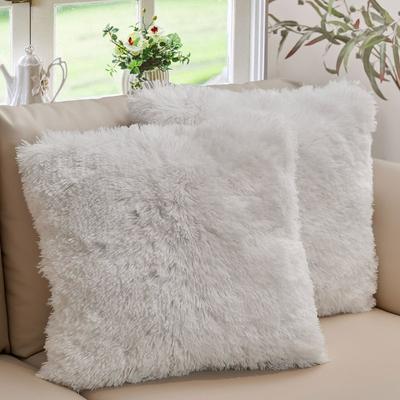 Cheer Collection Set of 2 Shaggy Long Hair Throw Pillows - White - 18 X 18 IN