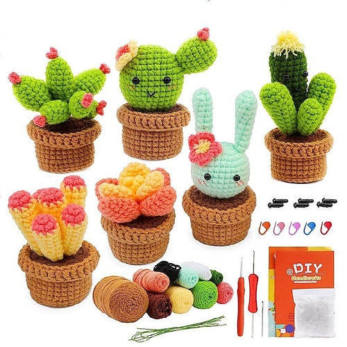 Kit di uncinetto per principianti con video tutorial passo-passo Kit di uncinetto per adulti e bambini Kit di maglieria Lo stesso tipo di borsa in lana di crochet per cactus succulenti Regalo di