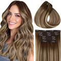 Clip-In-Haarverlängerungen Balayage-Echthaar, dunkelbraun, verblassend zu Karamellbraun, mit braunen Clip-In-Echthaarverlängerungen, 14 Zoll, 120 Gramm, 7 Stück/Set