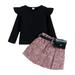 Elainilye Fashion Baby Girl Clothes Fall Winter Round-Neck Blouses And Skirt With Belt Bag Toddler Baby Suit Three Piece Set Black