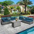Outdoor Sectional Wicker Furniture Set Patio Furniture Conversation Couch Set Storage Glass Table with Thicken(5 ) Anti-Slip Grey Cushions Furniture Cover