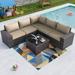 Outdoor Patio Furniture Set 6 Pieces Sectional Rattan Sofa Set Brown PE Rattan Wicker Patio Conversation Set with 5 Navy Blue Seat Cushions and 1 Tempered Glass Table