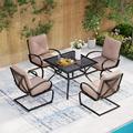 Patio Dining Set for 4 Outdoor Furniture Square Bistro Table Wooden Top with 1.57 Umbrella Hole 4 Spring Motion Chairs with Cushion for Backyard Garden Lawn