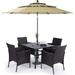 durable & William Outdoor 6 Pieces Dining Set with 4 Rattan Chairs 1 Metal Table and 1 10ft 3 Tier Auto-tilt Umbrella(No Base) Orange Red Modern Patio Furniture for Poolside Porch