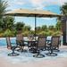 durable & William Patio Dining Set 8 Pieces Outdoor Metal Furniture Set with 13ft Double-Sided Patio Umbrella Beige 6 x Swivel Patio Dining Chairs 1 Wood Like Umbrella Table for Pat