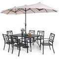 durable VILLA 7 Piece Outdoor Dining Set with Umbrella for 6 60\u201D Rectangular Metal Dining Table & 6 Stackable Metal Chairs & 13ft Large Beige Umbrella for Outdoor Deck Yar