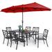 durable VILLA 7 Piece Outdoor Dining Set with Umbrella for 6 60\u201D Rectangular Metal Dining Table & 6 Stackable Metal Chairs & 13ft Large Beige Umbrella for Outdoor Deck Yar