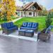 Outdoor Patio Wicker Furniture Set - 5 Piece Patio Rattan Sectional Sofa Set with 3-Seat Couch 2 Armchairs 2 Ottoman Footrests for Patio Conversation(5PC Mixed Grey/Blue)