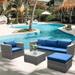 Aurora 6pcs Patio Furniture Set PE Gray Rattan Wicker Sectional Outdoor Sofa Set Outside Couch w/Black Washable Seat Cushions & Modern Glass Coffee Table