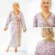 Long Hand Block Print Kimono Robe in Pink Floral/Ankle Length Dressing Gown Plus Size