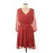 Collective Concepts Casual Dress - Mini V Neck 3/4 sleeves: Red Floral Dresses - Women's Size Medium