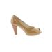 Sofft Heels: Slip-on Stacked Heel Bohemian Tan Solid Shoes - Women's Size 9 1/2 - Peep Toe