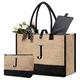 BeeGreen Embroidery Burlap Beach Bag Large Jute Beach Tote Bag w Inner Zipper Pocket Reusable Birthday Gifts for Women, Natural and Black, 19'' L x 7.8'' W x 12.7'' H, Beach Bag W Makeup Bag—letter J