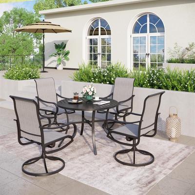 MAISON ARTS 5-Piece Patio Dining Set of 4 Sling Swivel Chairs and 1 Round E-coating Dining Table with Umbrella Hole