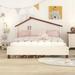 Cream+Walnut Full Cute Wooden Platform Bed with House-Shaped Headboard