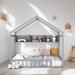 Full Size House Bed with Storage Shelf, Platform Bed with Fence, Wooden Kid's Bed with Roof for Bedroom, Grey