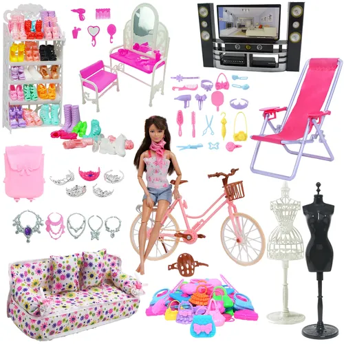 Gemischte Puppe Zubehör Schuh regal rosa Bett Fahrrad tasche Sofa Kommode Display Puppen halter