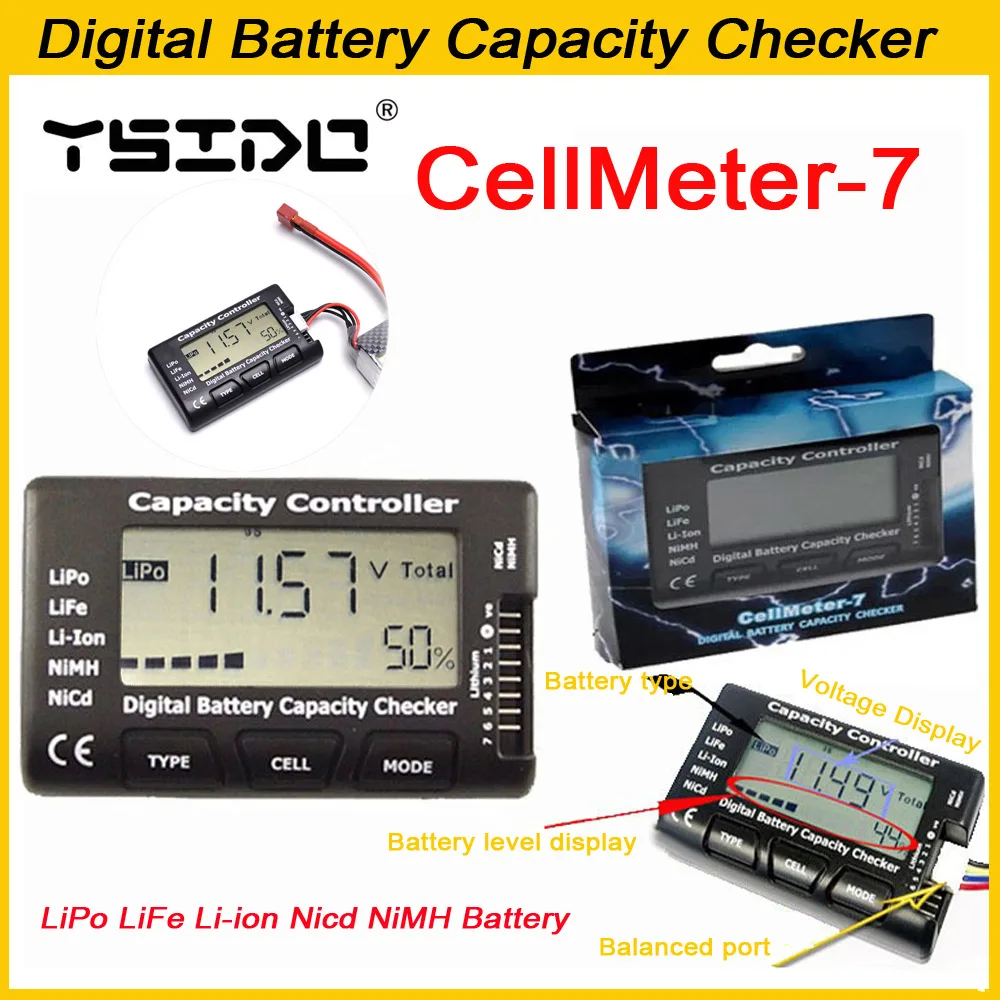YSIDO RC CellMeter-7 Digital LiPo LiFe Li-ion Nicd NiMH Batteriekapazitätsprüfer Batteriespannungstester Control CellMeter7 Image