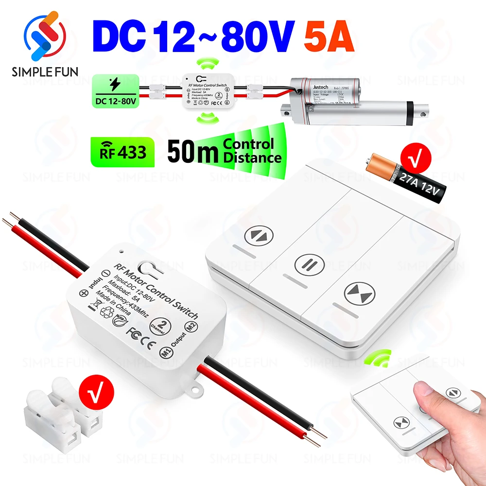 433 MHz Linearantrieb Drahtloser Fernbedienungsschalter, 12 V 24 V 48 V 80 V Empfänger, 50 m kabelloser Wandschalter, für Gleichstrommotorvorhang Image