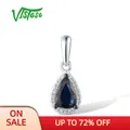 VISTOSO Pure 14K 585 White Gold Pendant For Women Sparkling Diamond Blue Sapphire Pear Solitaire