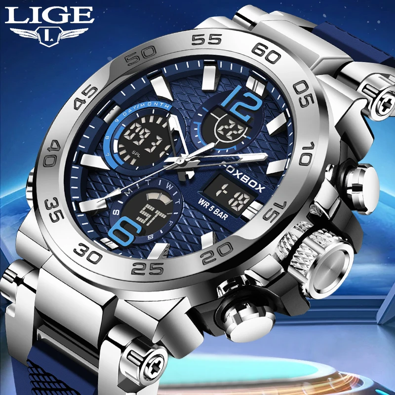 Lige Männer Militär uhren Mode großes Zifferblatt Sport uhr führte digitale wasserdichte Uhr Männer lässig Dual Display Uhr montre homme Image