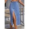 Jupe en jean taille haute fendue sur le côté pour femme jean midi jupe longue bouton ligne A