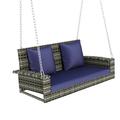Latitude Run® 2-Person Wicker Hanging Porch Swing w/ Chains, Cushion, Pillow, Rattan Swing Bench in Gray/Blue | 20.5 H x 50 W x 22.4 D in | Outdoor Furniture | Wayfair