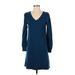 Ann Taylor LOFT Casual Dress - A-Line V Neck Long sleeves: Blue Print Dresses - Women's Size Small