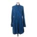 Maeve Casual Dress - Shirtdress High Neck Long sleeves: Blue Solid Dresses - Women's Size Small
