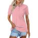 Knosfe Golf Polo Shirts for Women Business Collared Summer T Shirts Casual V Neck Button Down Shirts Solid Color 2024 Short Sleeve Dressy Blouses Pink S