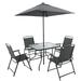 6 Pieces Outdoor Patio Dining Set with Umbrella Glass Table and 4 Folding Chairs for Garden Lawn Deck Backyard Metal Steel Frame Outdoor Patio Furniture