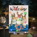 Easter Bunny Garden Flag AIF4 Solar LED Welcome Easter Double Sided Blue Truck Tulip Flowers Burlap Lighted Lights Yard Flag Holiday Spring Vertical Lawn Signs for Home Outdoor Decorations