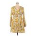 Vera for Anthropologie Casual Dress - Fit & Flare V Neck Long sleeves: Yellow Print Dresses - Women's Size X-Large