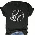 Casual Simple Heart Baseball Pattern Round Neck Short Sleeve Slim Fit TShirt For Plus Size Women Suitable For Summer