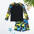 Tween Boy Long Sleeve Sun Protection Swimsuit Set With Dinosaur Print Summer