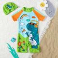 Young Boy Dinosaur Print One Piece Swimsuit With Cap