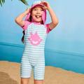 Young Girl Striped Shark Print One Piece Swimsuit With Cap