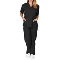 (Black, 2XL = UK 16) Women Medical Scrub Doctor Nursing Scrubs Uniform Dentis Hospital Long Pants Set