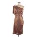 Badgley Mischka Cocktail Dress - Party Open Neckline Short Sleeve: Brown Print Dresses - Women's Size 8