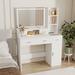 Brayden Studio® Dressing Table w/ 3 LED Lighted Mirror, Makeup Vanity Table w/ 5 Drawers & Charge Station | Wayfair