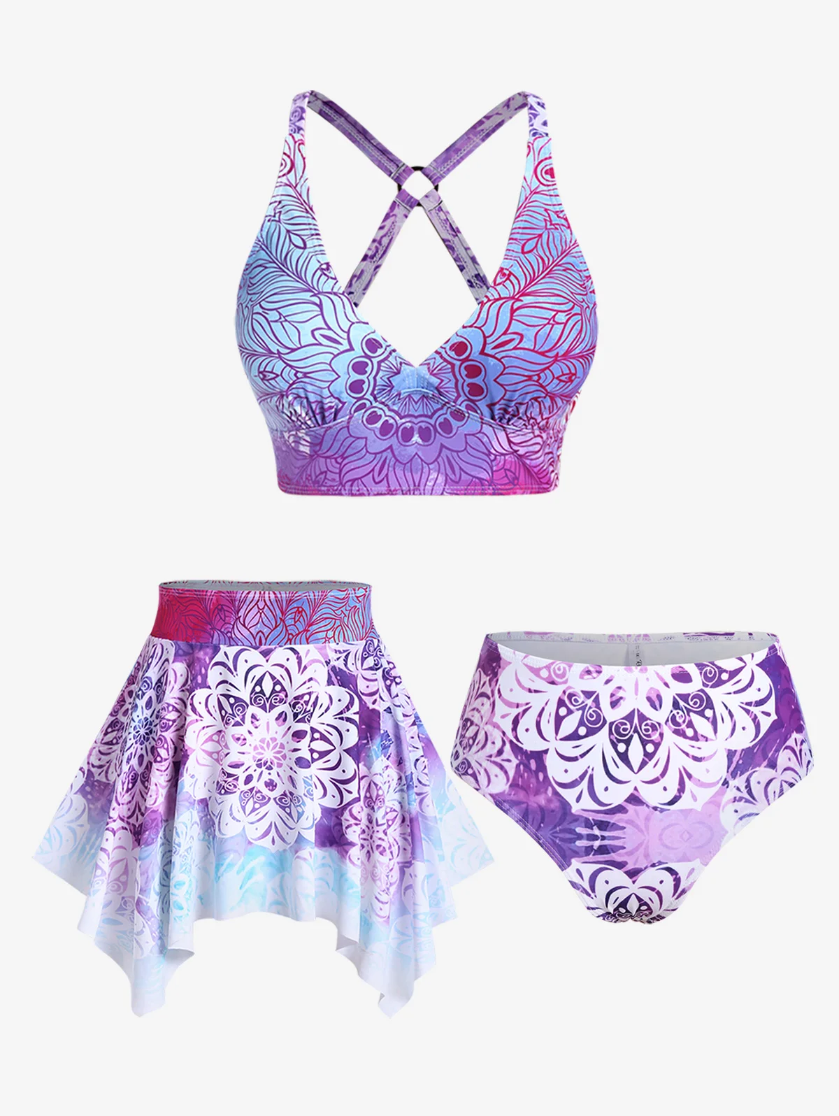 ROSEGAL Plus Size Damen dreiteiliges gepolstertes Tankini-Badeanzug-Streifen-Color block-Bikinis-Set oder lila ethnisch bedruckte Bade bekleidung Image