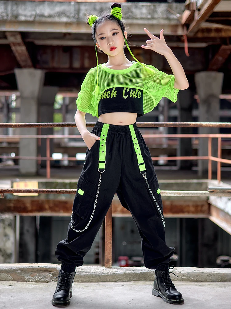 Hip Hop Mädchen Kleidung Jazz Dance Kostüm Grün Net Tops Schwarze Hosen Moderne Street Dance Tragen Kpop Leistung Bühne Tragen BL8602
