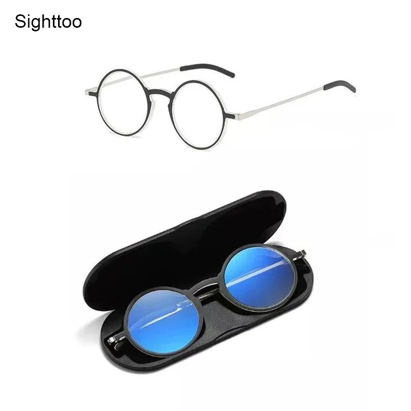 Sighttoo Ultradünne tragbare TR90 Presbyopie-Brille mit Magnetetui für Herren und Damen, Weltraum-Aluminium, Anti-Blau-Lesebrille Image