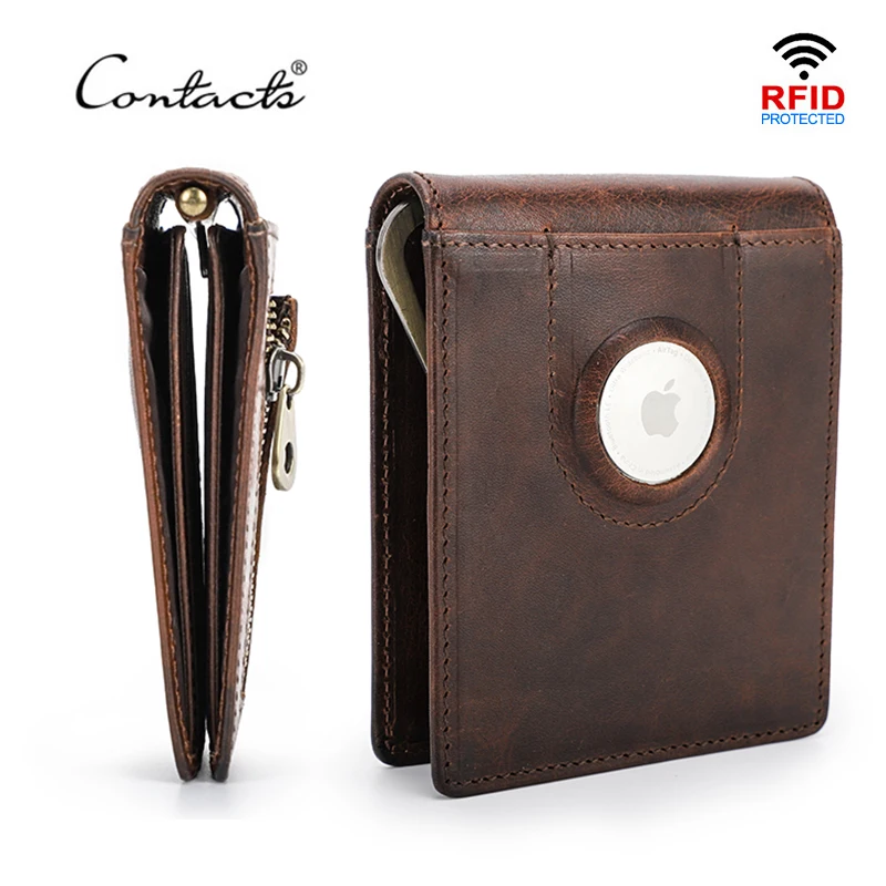 CONTACT'S Genuine Leather Men Slim Wallet RFID Casual Money Clip Male Wallets Airtag Holder Credit Card Small Purse Coin Pocket