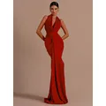 Modphy-Robe de soirée rouge drapée pour femme dos nu col en V robe longue pour femme robe de