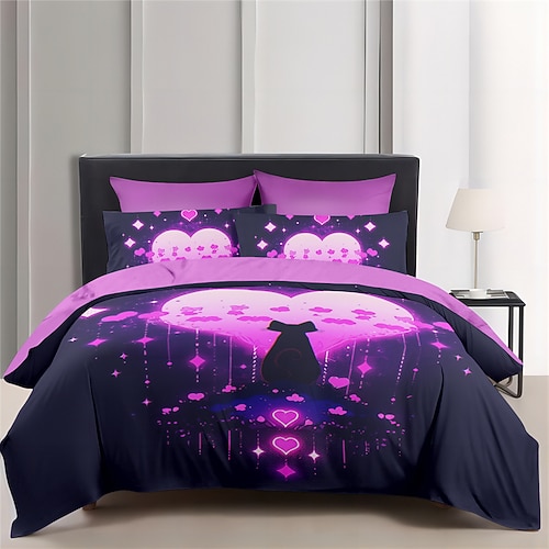 Designer-Bettbezug-Set mit Katzen-Herz-Haustier-Porträt-Muster, Bettdecken-Set, weiches 3-teiliges Luxus-Baumwoll-Bettwäsche-Set, Heimdekoration, Geschenk, King-Size-Bett, Queen-Size-Bettbezug Image