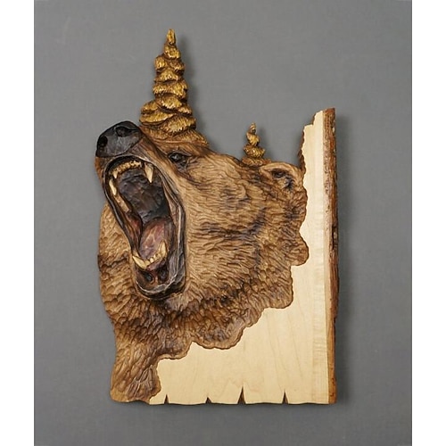 1 Stück Tierschnitzerei Kunsthandwerk Wandbehang Skulptur, Holz Waschbär Bär Hirsch handbemalte Dekoration, für Zuhause Wohnzimmer Image