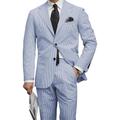 Blue Seersucker Men's Beach Wedding Derby Suits Solid Colored 2 Piece Standard Fit Single Breasted Two-buttons 2024